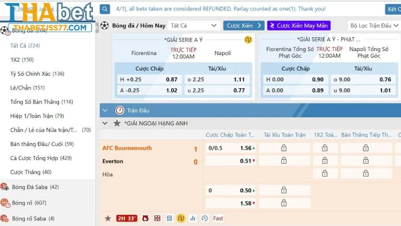Cược tỷ số hiệp đấu chính xác tại Thabet
