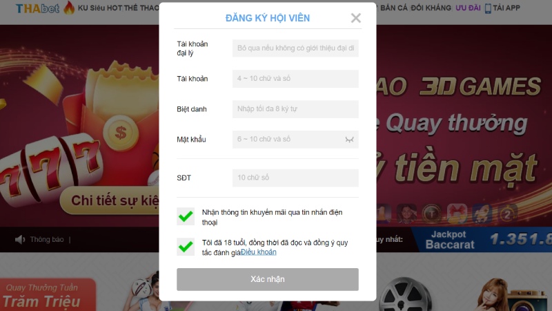 Hoàn thành đăng ký tài khoản Thabet