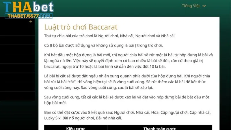 Luật chơi cơ bản của game bài Baccarat tại Thabet